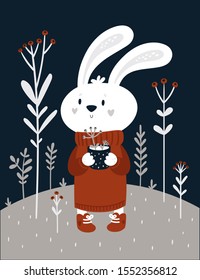 Childish baby bunny with cup of tea. Funny cartoon little rabbit in sweater with cup of herbal tea, coffee. Kids seasonal illustration on dark background. Ideal for poster, print, card, decoration