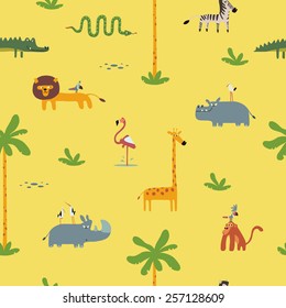 Childish background with crocodile , hippopotamus , rhinoceros , parrot , snake , storks , giraffe , lion , palm trees , flamingos and a monkey  in vector.
