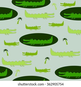 Childish background with crocodile, palm trees,  vector.