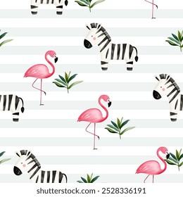 Fundo infantil com flamingo bonito e zebra. Animais aquarelas de padrão contínuo. Papel de parede da selva.