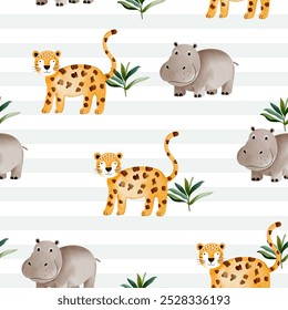 Childish background with cute leopard and hippopotamus. Seamless pattern watercolor animals. Jungle wallpaper.