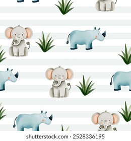 Childish background with cute rhinoceros and elephant. Seamless pattern watercolor animals. Jungle wallpaper.