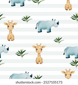 Childish background with cute rhinoceros and giraffe. Seamless pattern watercolor animals. Jungle wallpaper.