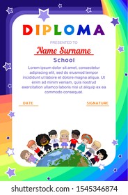 childish background, diploma, certificate, frame, template with a rainbow and stars, with happy children of different races and colors, holding hands and standing on the globe, planet. colored vector 