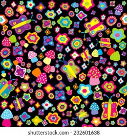 Childish background with flowers butterflies and mushrooms
