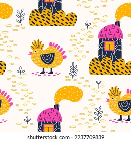 Childish background with funny chickens. Seamless pattern with abstract birds and houses. Simple vector flat illustration for design of fabric, paper, and other surfaces