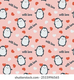 Childish background with funny little penguin for nursery, wrapping paper, kids apparel, fabric, textile. Kids seamless pattern with hand drawn cute animal. Perfect for Valentine's Day. Vector