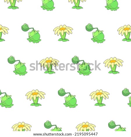 Childish background with funny vegetables and flowers. Chamomile and cabbage isolated on white background. Seamless pattern. Vector illustration