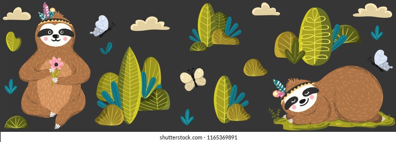 Childish background with hand drawn cute baby sloth, trees, clouds, butterflies. Set of funny sloths that holding flower and sleeping on the grass. Adorable animal vector illustration