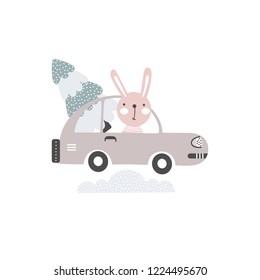 Childish background with a hare in a car with a Christmas tree on the roof, isolated on a white background. Vector illustration.