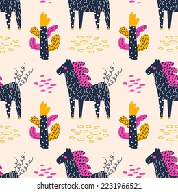 Childish background with horses. Seamless pattern with abstract animals and plants. Simple vector flat illustration for design of fabric, paper, and other surfaces