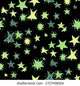 Childish Background for Print, Decoration or Card. Doodle Background with Stars. Seamless Primitive Stars. Colorful Starry Stripes in Simple Style. Cute Doodle Pattern. Seamless Pattern for Children.