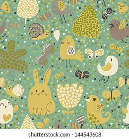 Childish background with rabbit, snail, bird and butterfly in vector. Seamless pattern can be used for wallpapers, pattern fills, web page backgrounds, surface textures.