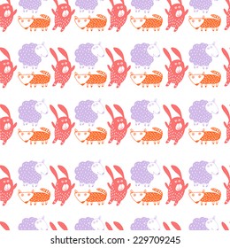Childish background in vector. With fox, bunny, sheep  