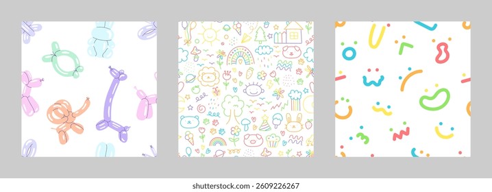 Childish backgrounds set. Seamless patterns with animals, balloons, doodles, faces. Crayon kid doodle set patterns. Scribble kids background. Pretty pastel prints for scrap design. Good for baby cover
