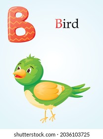 Childish banner template with alphabet letter B and cartoon image of a bird.