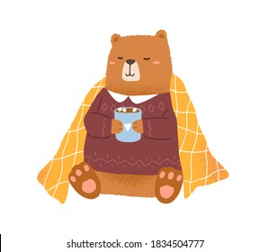 Childish bear holding cup with hot cocoa with marshmallow vector flat illustration. Funny animal in warm sweater isolated on white. Amusing teddy covered with comfy blanket relaxing at winter season
