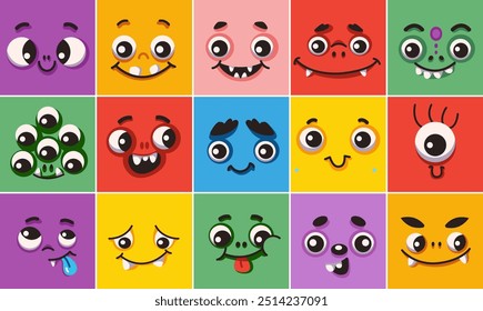 Childish beasts faces in multicolor squares level color vector symbols set. Phenomenal mammoths looks outline pack. Amusing avatars collection