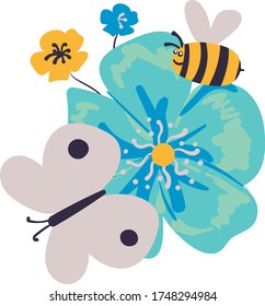 Childish bee butterfly and flowers vector illustration.  