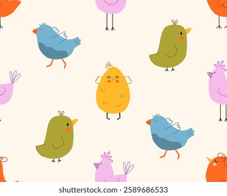 Childish birds seamless pattern. Colorful spring birds seamless pattern. Cute childish illustration