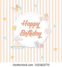 Childish birthday card with castle, hot air balloon, carousel hourse, carnival mask, airplane, gift box, fireworks and stars. Cartoon style design. Kids background. Vector illustration