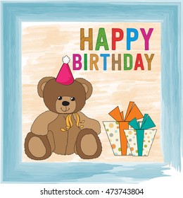 childish birthday card with teddy bear, vector format