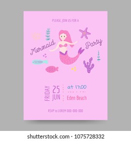Childish Birthday Invitation Template with Cute Mermaid and Underwater Creatures. Children Celebration Party Decoration. Vector illustration
