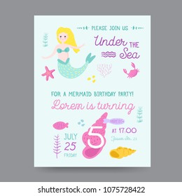 Childish Birthday Invitation Template with Cute Mermaid and Underwater Creatures. Children Celebration Party Decoration. Vector illustration