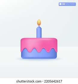 Childish birthday pink glaze icing cake and candle icon symbols. celebration concept. 3D vector isolated illustration design. Cartoon pastel Minimal style. You can used for design ux, ui, print ad.