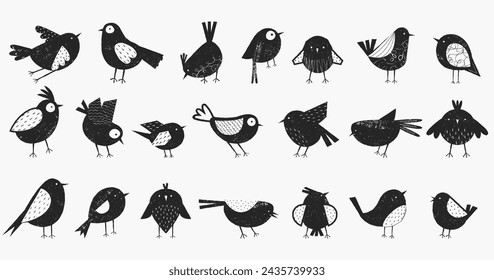 Childish black birds. Cartoon flying baby birds silhouettes, cute black bird characters with white wings for kids design. Vector isolated set of animal bird cartoon illustration