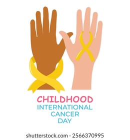 Childish black and white hands holding yellow cancer ribbon for international childhood cancer day. Awareness, togetherness, solidarity concept. Vector illustration, card, banner, background, poster.