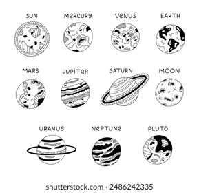 Childish black and white set with planets, stars and satellite of Solar System in sequence. Doodle with hand drawn outline of astronomy celestial bodies for kids infographic, universe placard.