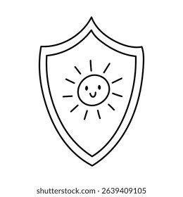 Childish black and white shield with smiley sun icon as sign of sun protection, sunscreen and prevention of skin cancer. Defense against ultraviolet rays. Cosmetic product for heat, sunny weather.