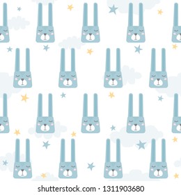 Childish blue rabbits seamless pattern background. Abstract picture for design brthday card, invitation, baby nappy, shop sale advertising, wrapping paper etc.