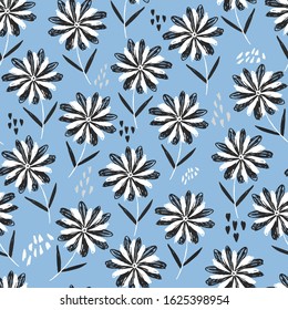 Childish blue sketchy floral seamless pattern with black and white flowers, hearts and dots. Cute scandinavian texture with gerbera for textile, wrapping paper, surface, wallpaper, background