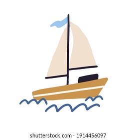 Barco infantil con velas y bandera flotando en el mar o en el océano. Barcos de vela y olas de agua al estilo escandinavo. Ilustración vectorial plana de color dibujada a mano aislada en fondo blanco