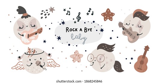 Childish boho collection with cute moon. Rock and roll baby. Future rock star. Scandinavian design elements for children room wall decor, kids clothing. Pastel illustration in cartoon style
