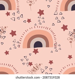 Childish boho seamless pattern with rainbows and stars in natural colors.Beige background with abstract organic shapes with flat style