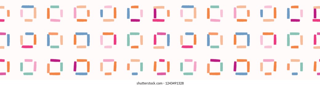 Childish Border with Trendy Brush Stroke Squares. Bright Pastel Colors Seamless Vector Illustration. Creative Scandinavian Style Kids Texture for Nursery Trim, Scandi Baby Ribbon, Summer Blog Banner