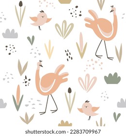 Childischer botanischer und animalischer nahtloser Hintergrund. Minimalistische doodle Zeichnungen von Pflanzen und Tieren in Pastellfarben auf weißem Hintergrund. Druck für Tapeten, Babybekleidung, Textilien, Papier