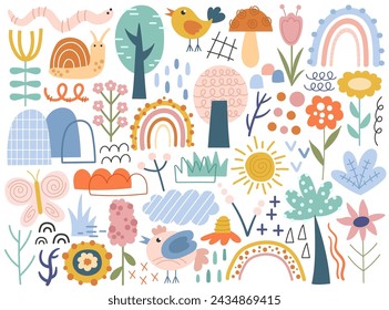 Kinderliche botanische Blumen und Blätter bunte natürliche Formen und abstrakte organische Formen Vektor-Illustration. Blume, Baum, Regenbogen, Wolken, Berg, Vogel, Sonnenfrühling oder Sommerelemente gesetzt