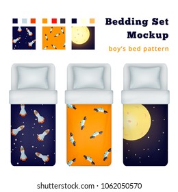 Childish boy bedding set of realistic single bed mockup images and textile patterns for bed linen vector illustration