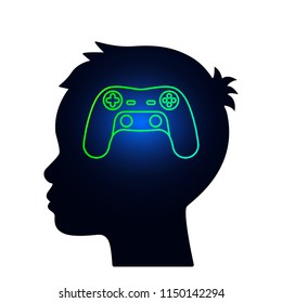 childish boyish silhouette of the head with thoughts of a computer game. the concept of children's video game addiction and dependence. flat vector illustration isolated on white background