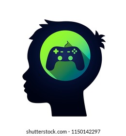childish boyish silhouette of the head with thoughts of a computer game. the concept of children's video game addiction and dependence. flat vector illustration isolated on white background