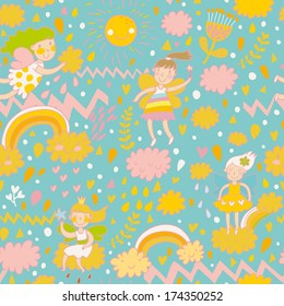 Patrón infantil brillante sin fisuras con hadas sobre nubes en el cielo con sol, arcos, corazones y flores. Se puede utilizar un patrón sin inconvenientes para rellenos de patrones, fondos de páginas web, texturas superficiales