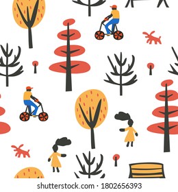 Patrón infantil brillante y transparente con gente caminando por el parque. Relajarse con la naturaleza