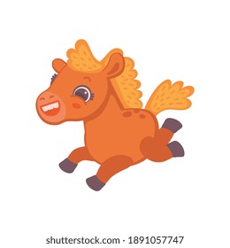 Childish brown pony horse cartoon character, flat vector illustration isolated on white background. Baby horse animal image for textile prints and cards.