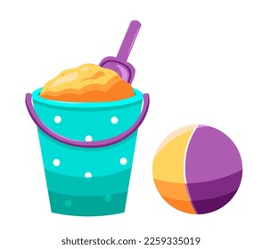 Childish bucket with spade and ball in cartoon style