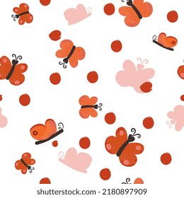 Childish butterfly seamless vector pattern in red and white colours