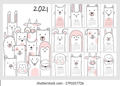 Childish calendar for 2021 year. Monthly calendar with cute animals. Hand drawn doodle sketch